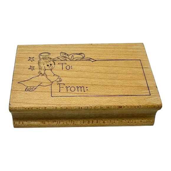 Great Impressions Christmas Holiday Angel Stars To From Label Wood Rubber Stamp - Picture 2 of 6